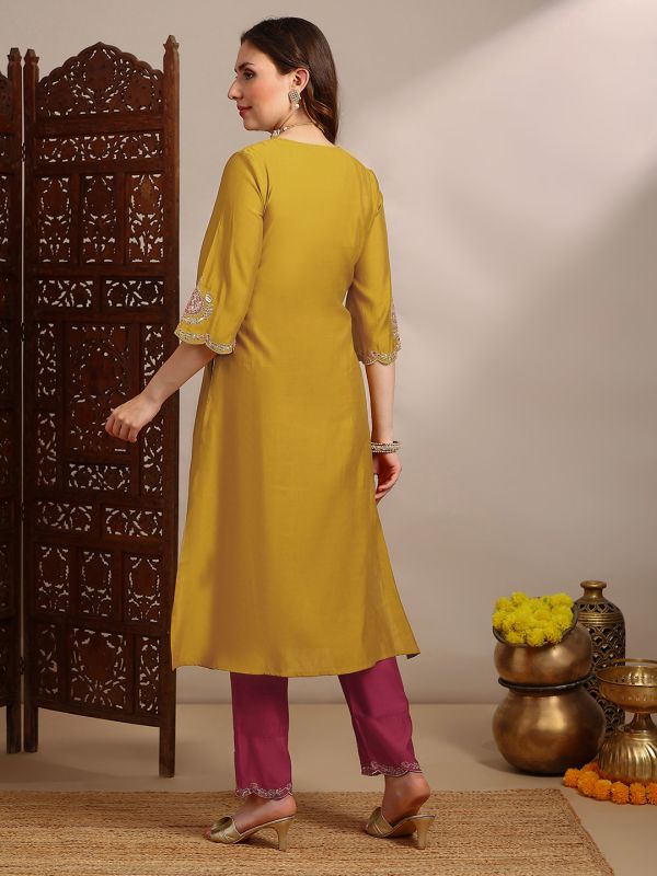 Globus Women Yellow Zari Embroidered Yoke V-Neck Scalloped Bell Sleeves Straight Kurta With Pants Festive Set