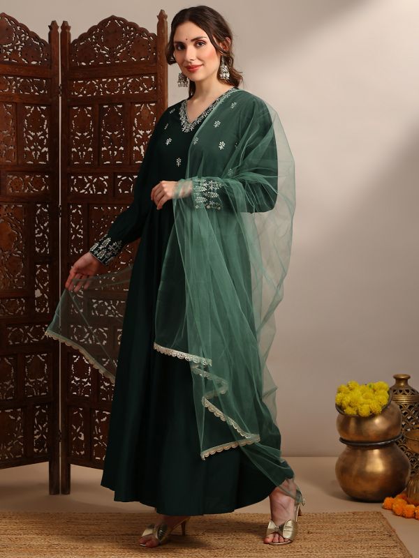 Globus Women Green Embroidered V-Neck Puff Sleeves Tiered A-Line Maxi Dress with Belt & Dupatta Set