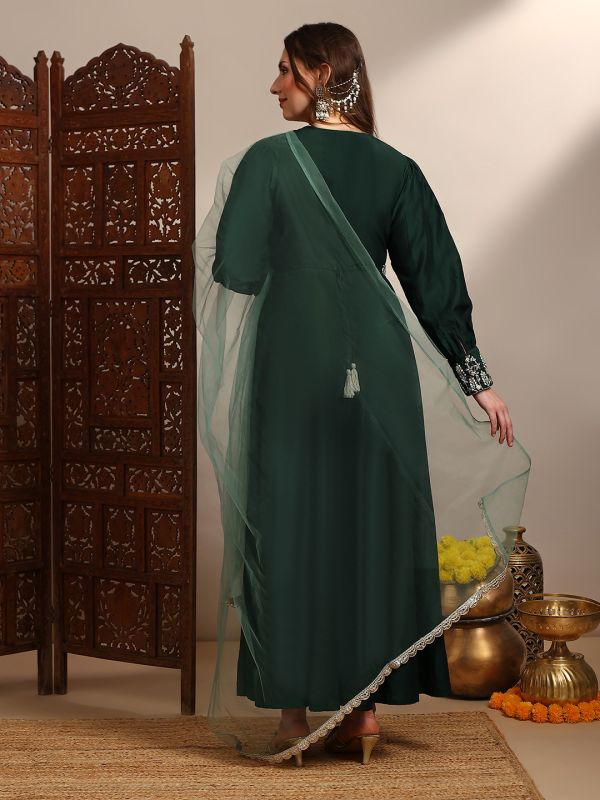 Globus Women Green Embroidered V-Neck Puff Sleeves Tiered A-Line Maxi Dress with Belt & Dupatta Set