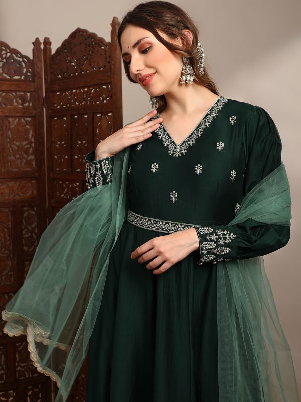 Globus Women Green Embroidered V-Neck Puff Sleeves Tiered A-Line Maxi Dress with Belt & Dupatta Set