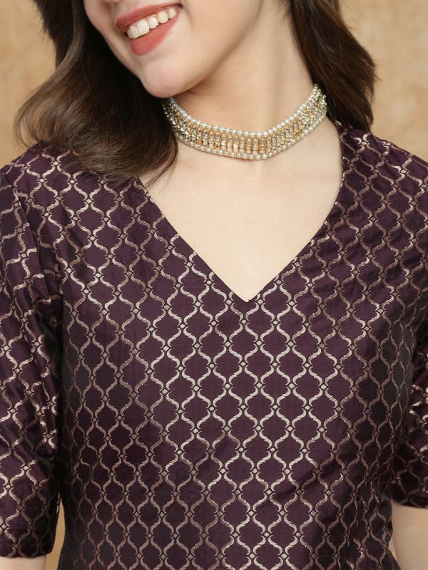 Globus Women Maroon V-Neck Short Sleeves Brocade Jaal Print Kurti With Flared Palazzo Festive Set