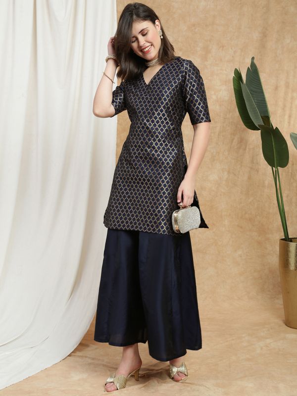 Globus Women Navy Blue V-Neck Short Sleeves Brocade Jaal Print Kurti With Flared Palazzo Festive Set