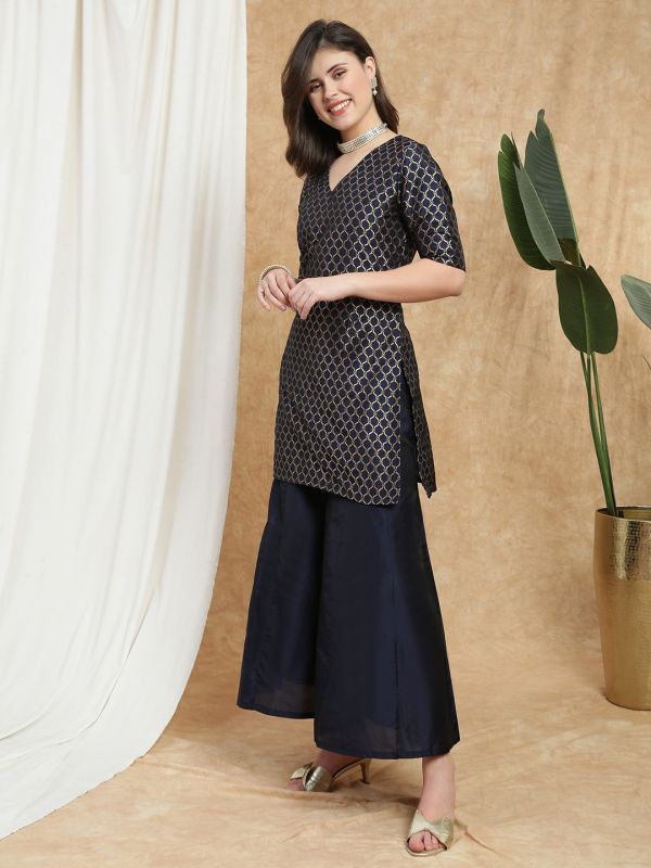 Globus Women Navy Blue V-Neck Short Sleeves Brocade Jaal Print Kurti With Flared Palazzo Festive Set
