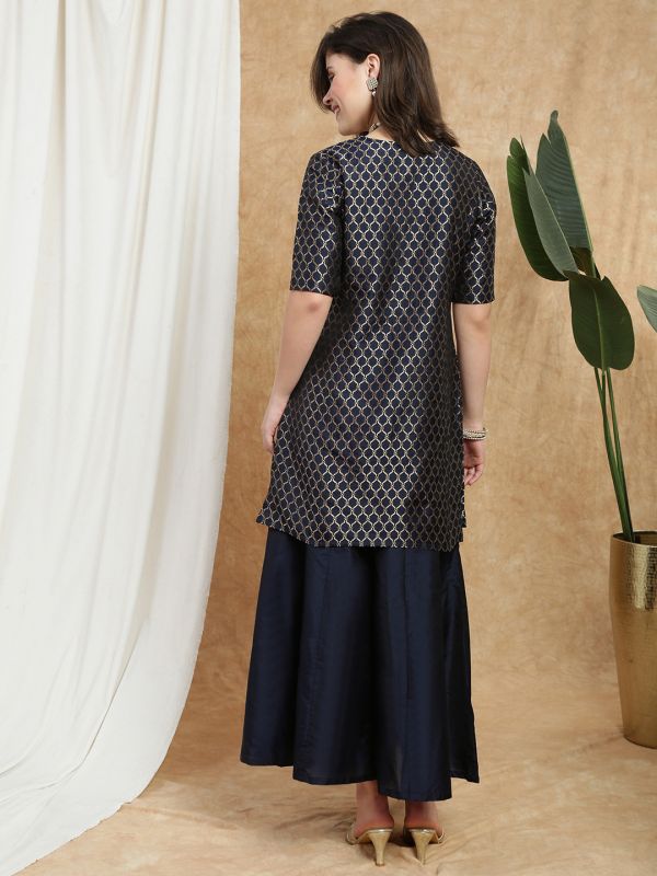 Globus Women Navy Blue V-Neck Short Sleeves Brocade Jaal Print Kurti With Flared Palazzo Festive Set