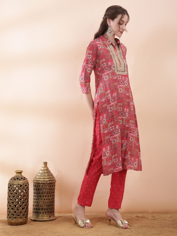 Globus Women Pink Ethnic Motifs Foil Print Collared Neck Lace Insert Yoke Straight Kurta With Pant Festive Set