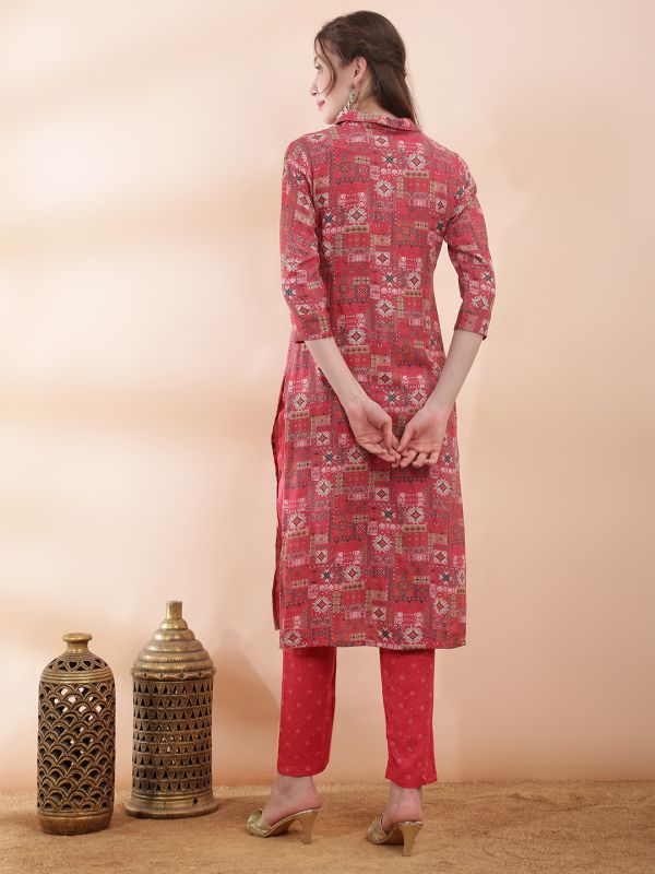 Globus Women Pink Ethnic Motifs Foil Print Collared Neck Lace Insert Yoke Straight Kurta With Pant Festive Set
