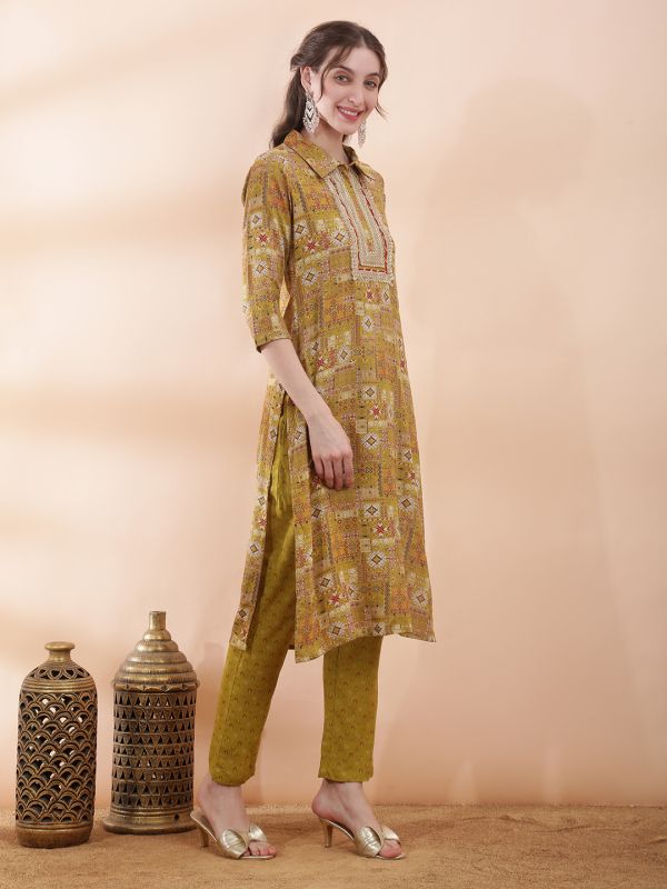 Globus Women Mustard Ethnic Motifs Foil Print Collared Neck Insert Yoke Straight Kurta With Pant Festive Set