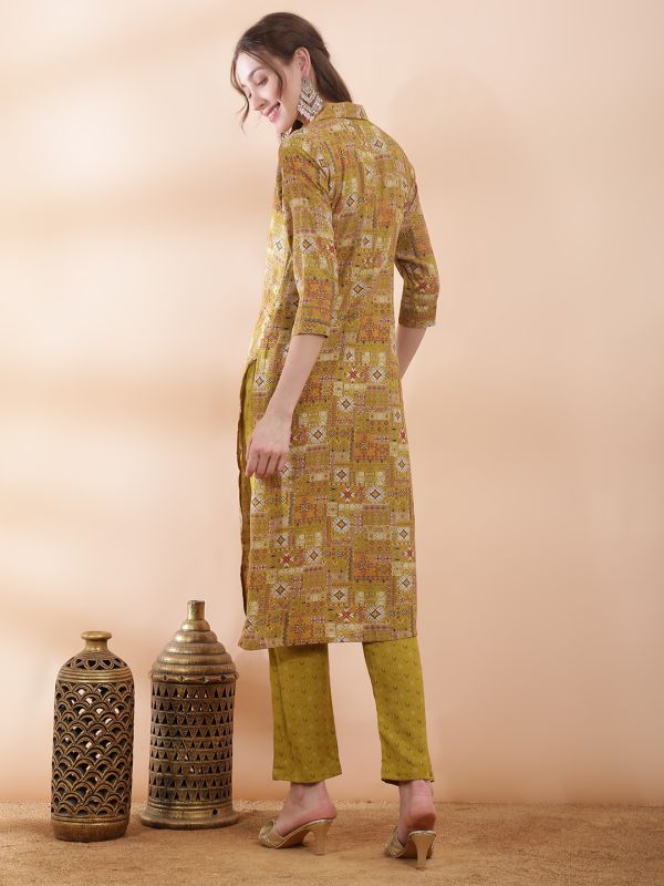 Globus Women Mustard Ethnic Motifs Foil Print Collared Neck Insert Yoke Straight Kurta With Pant Festive Set