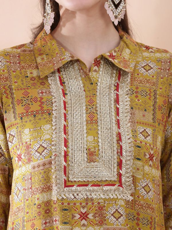 Globus Women Mustard Ethnic Motifs Foil Print Collared Neck Insert Yoke Straight Kurta With Pant Festive Set