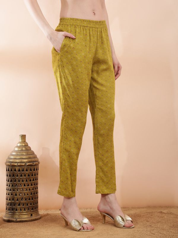 Globus Women Mustard Ethnic Motifs Foil Print Collared Neck Insert Yoke Straight Kurta With Pant Festive Set