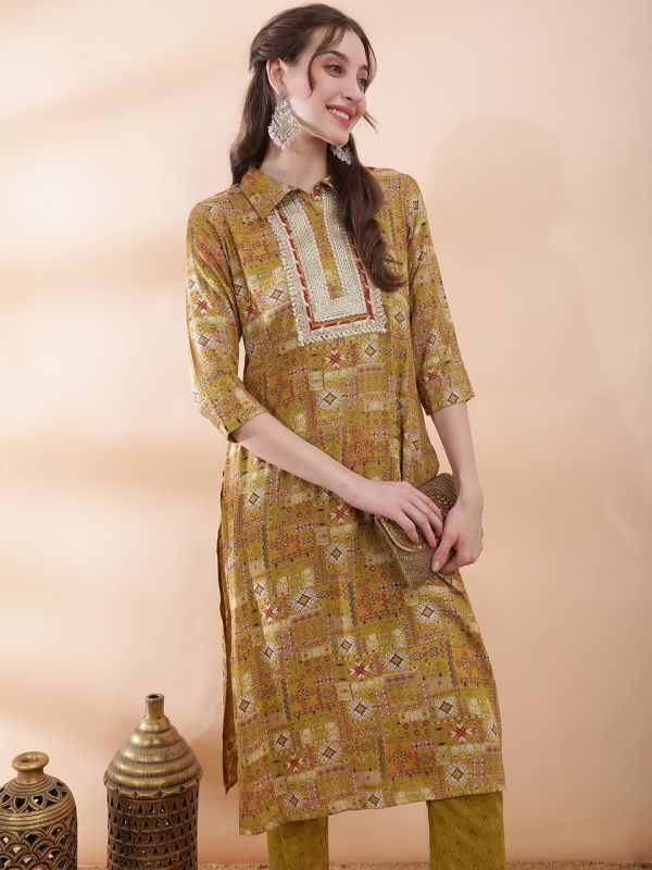 Globus Women Mustard Ethnic Motifs Foil Print Collared Neck Insert Yoke Straight Kurta With Pant Festive Set