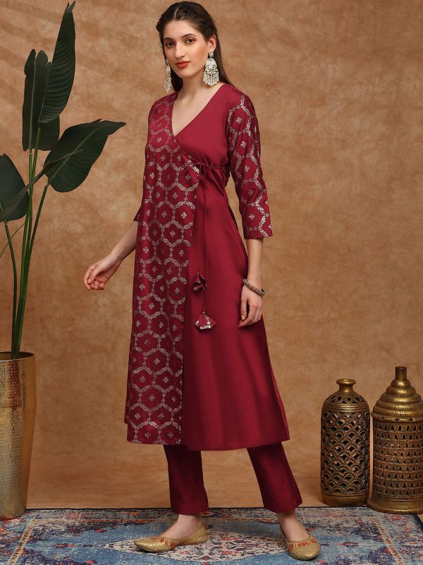Globus Women Maroon V-Neck Floral Foil Print Angrakha A-Line Kurta With Pants Festive Set