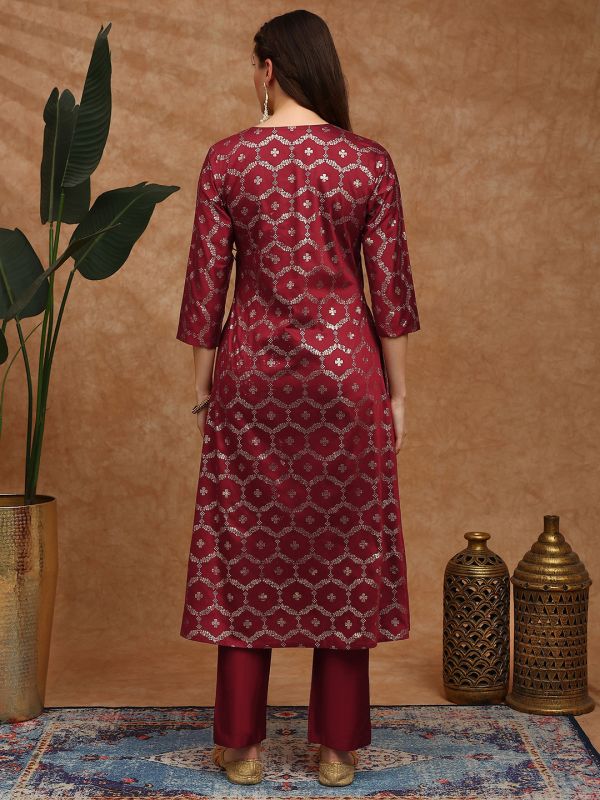 Globus Women Maroon V-Neck Floral Foil Print Angrakha A-Line Kurta With Pants Festive Set