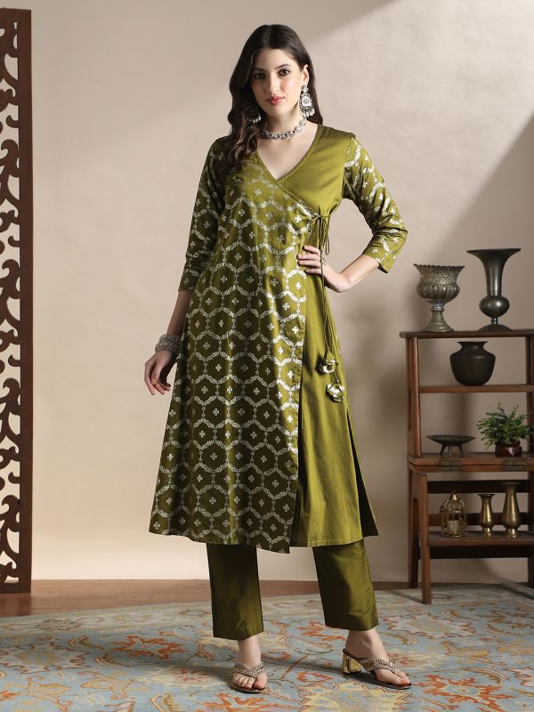 Globus Women Olive V-Neck Floral Foil Print Angrakha A-Line Kurta With Pants Festive Set