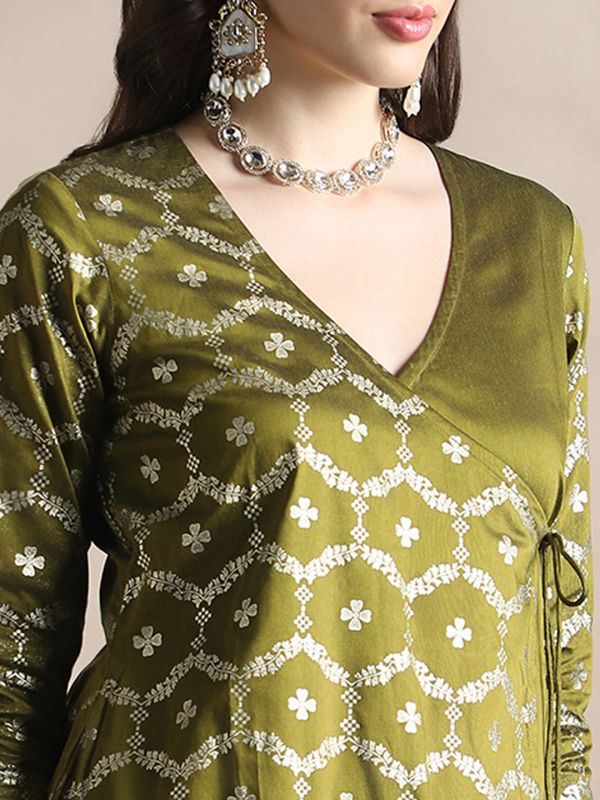 Globus Women Olive V-Neck Floral Foil Print Angrakha A-Line Kurta With Pants Festive Set