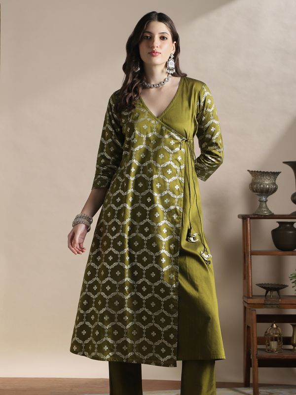 Globus Women Olive V-Neck Floral Foil Print Angrakha A-Line Kurta With Pants Festive Set