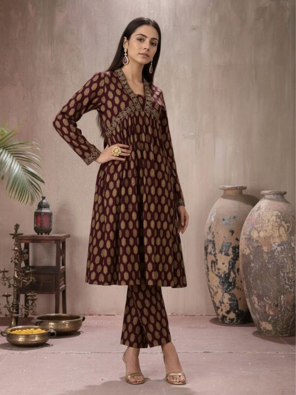 Globus Women Wine Embroidered V-Neck Gold Foil Floral Print Alia Cut A-Line Kurta With Pants Festive Set