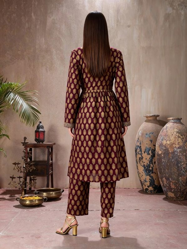 Globus Women Wine Embroidered V-Neck Gold Foil Floral Print Alia Cut A-Line Kurta With Pants Festive Set