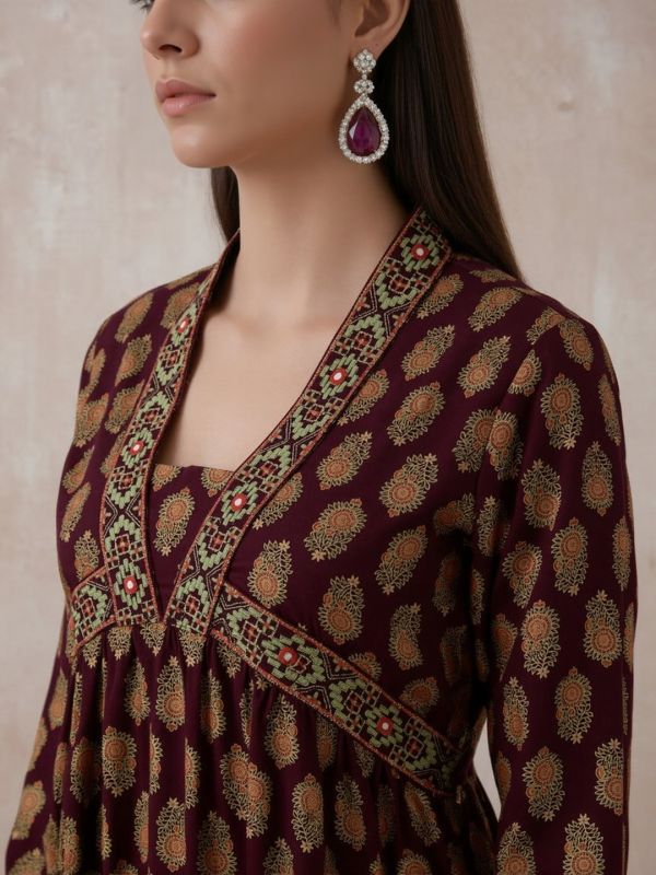 Globus Women Wine Embroidered V-Neck Gold Foil Floral Print Alia Cut A-Line Kurta With Pants Festive Set