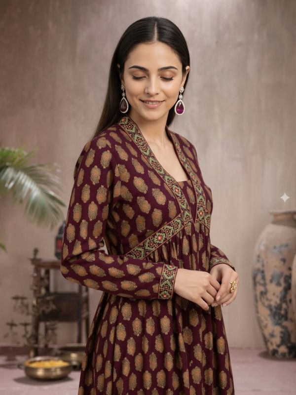 Globus Women Wine Embroidered V-Neck Gold Foil Floral Print Alia Cut A-Line Kurta With Pants Festive Set