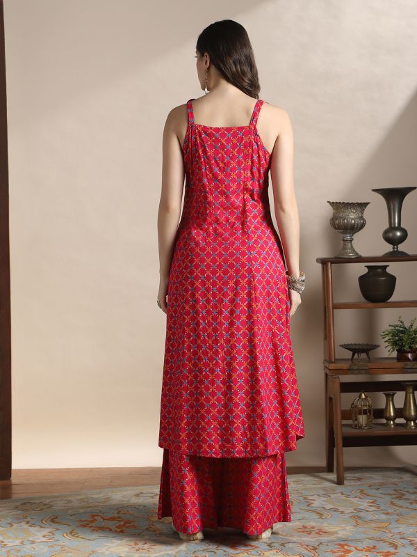 Globus Women Pink Coin Detail Tie-Up Shoulder Straps Embroidered Yoke Ethnic Foil Print Front Slit A-Line Kurta & Palazzos Festive Set