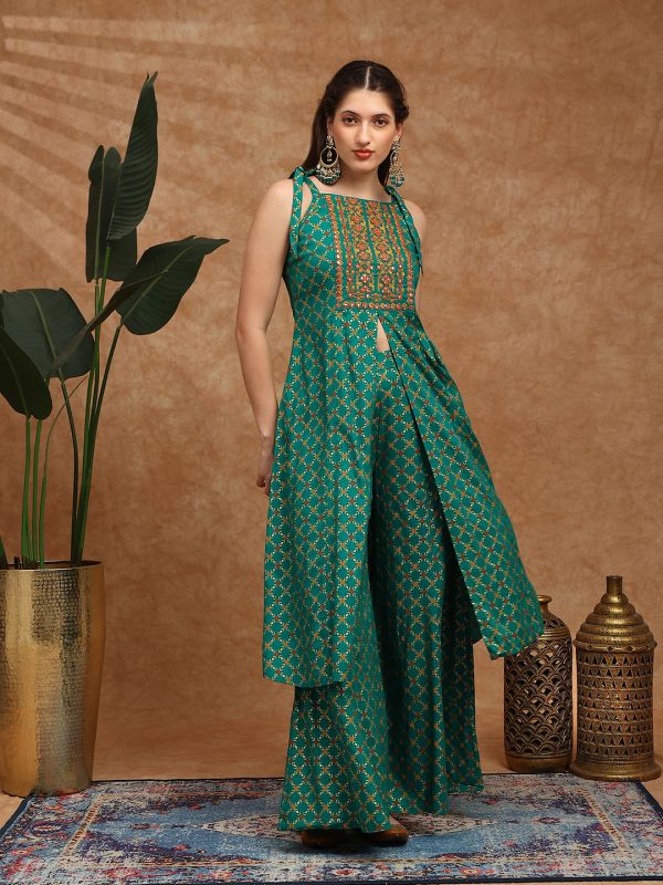 Globus Women Green Coin Detail Tie-Up Shoulder Straps Embroidered Yoke Ethnic Foil Print Front Slit A-Line Kurta & Palazzos Festive Set
