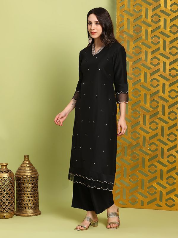 Globus Women Black Sequin Embroidered V-Neck Scalloped Hem Straight Kurta With Wide Leg Pants Festive Set