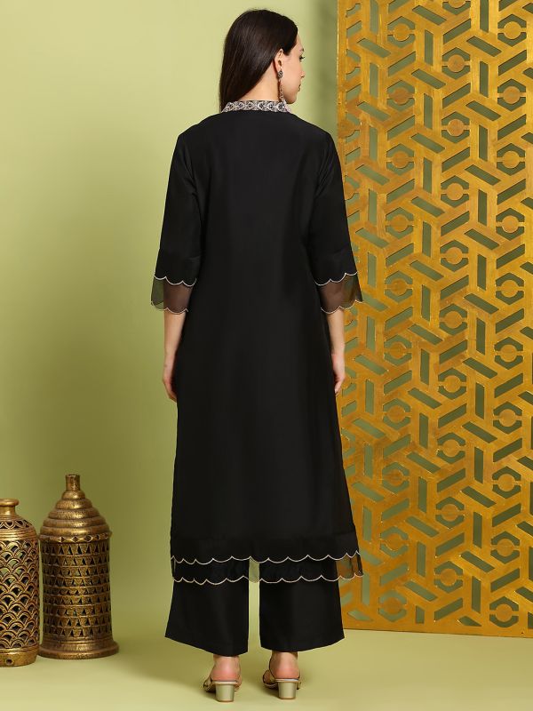Globus Women Black Sequin Embroidered V-Neck Scalloped Hem Straight Kurta With Wide Leg Pants Festive Set