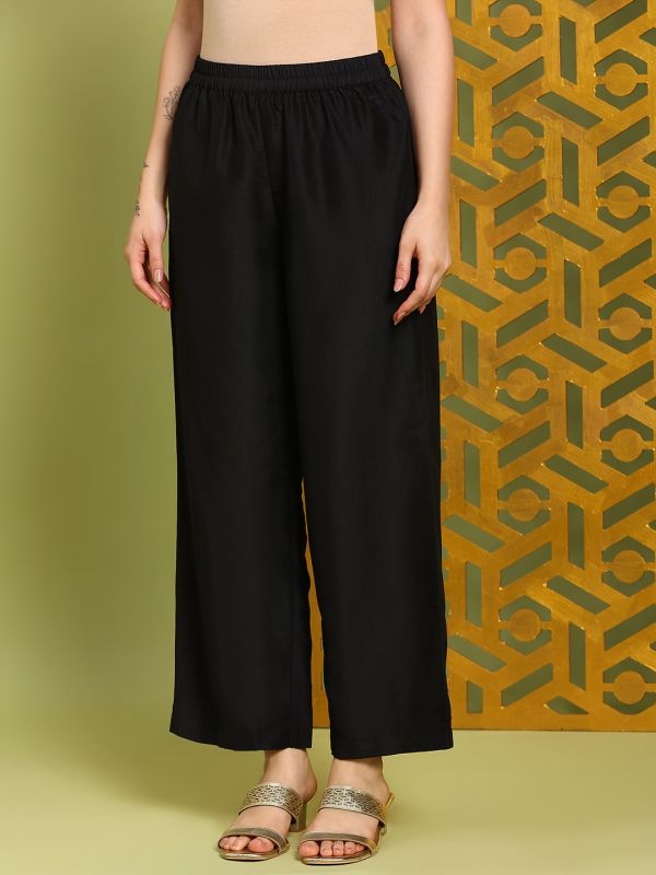 Globus Women Black Sequin Embroidered V-Neck Scalloped Hem Straight Kurta With Wide Leg Pants Festive Set