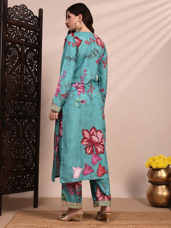 Globus Women Teal Floral Printed Round Neck Mirror Work Sequin Embroidered Straight Kurta & Pant Festive Set, Long Sleeves Kurta Set