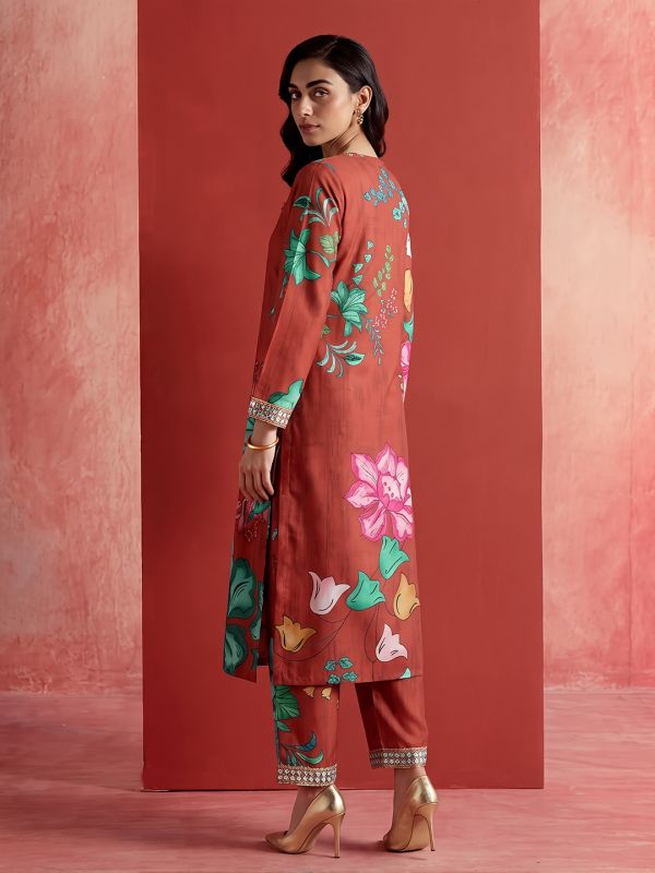Globus Women Rust V-Neck Floral Printed Sequin & Mirror Embroidered Yoke Detail Straight Kurta With Wide Leg Pant Fusion Set