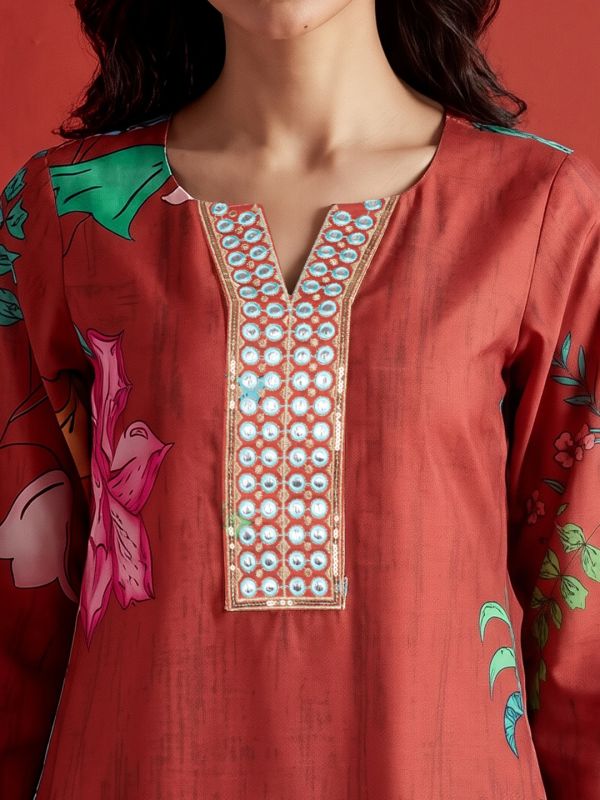 Globus Women Rust V-Neck Floral Printed Sequin & Mirror Embroidered Yoke Detail Straight Kurta With Wide Leg Pant Fusion Set