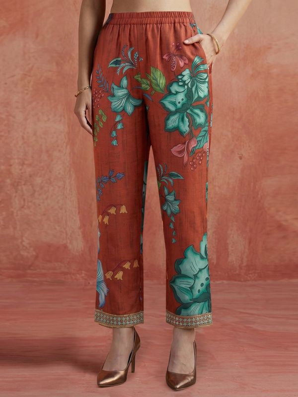 Globus Women Rust V-Neck Floral Printed Sequin & Mirror Embroidered Yoke Detail Straight Kurta With Wide Leg Pant Fusion Set