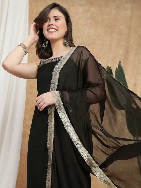 Globus Women Black Square Neck Shoulder Straps Embroidered Detail Straight Kurta With Pants & Fringed Dupatta Festive Set