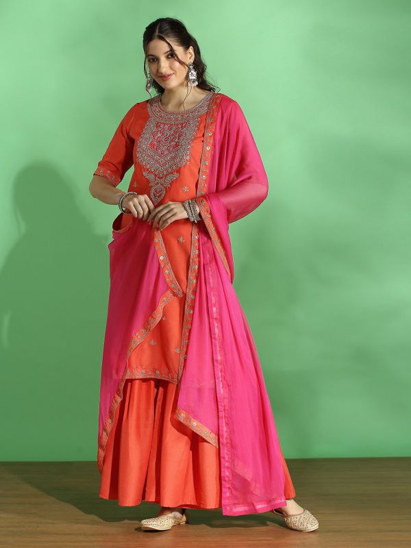 Globus Women Orange Embroidered Yoke Zari Work Straight Kurta With Sharara & Contrast Dupatta Festive Set