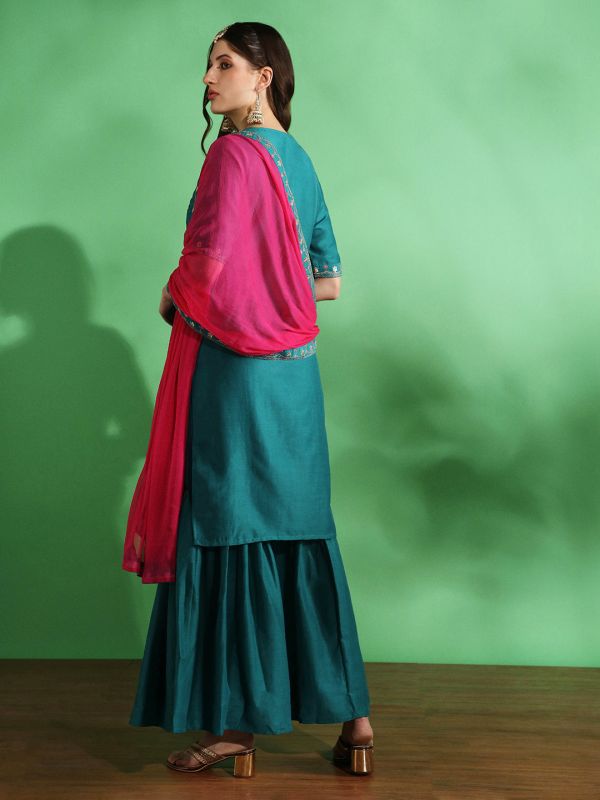 Globus Women Blue Embroidered Yoke Zari Work Straight Kurta With Sharara & Contrast Dupatta Festive Set