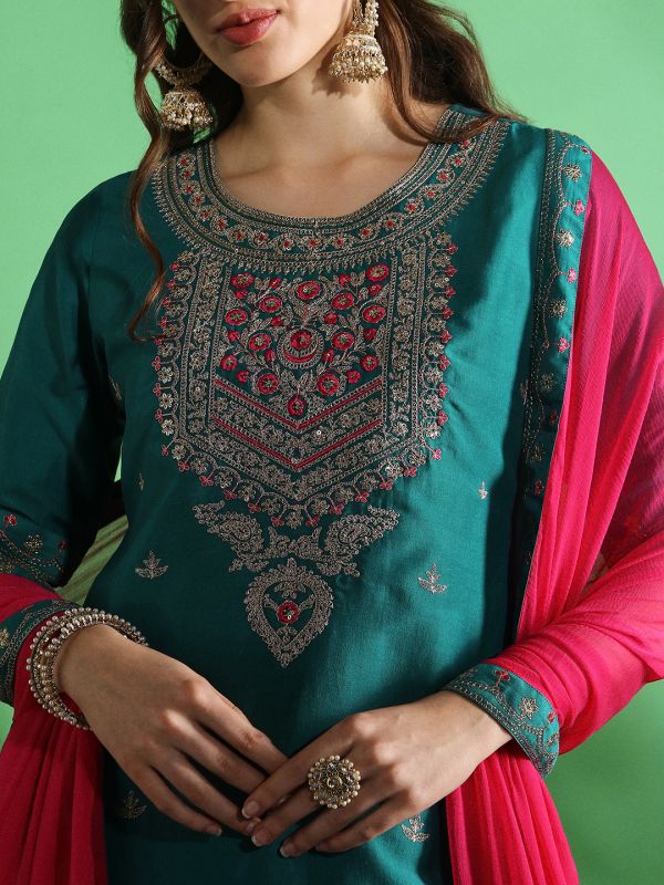 Globus Women Blue Embroidered Yoke Zari Work Straight Kurta With Sharara & Contrast Dupatta Festive Set