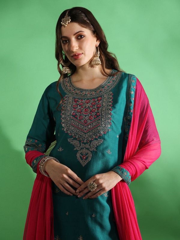 Globus Women Blue Embroidered Yoke Zari Work Straight Kurta With Sharara & Contrast Dupatta Festive Set
