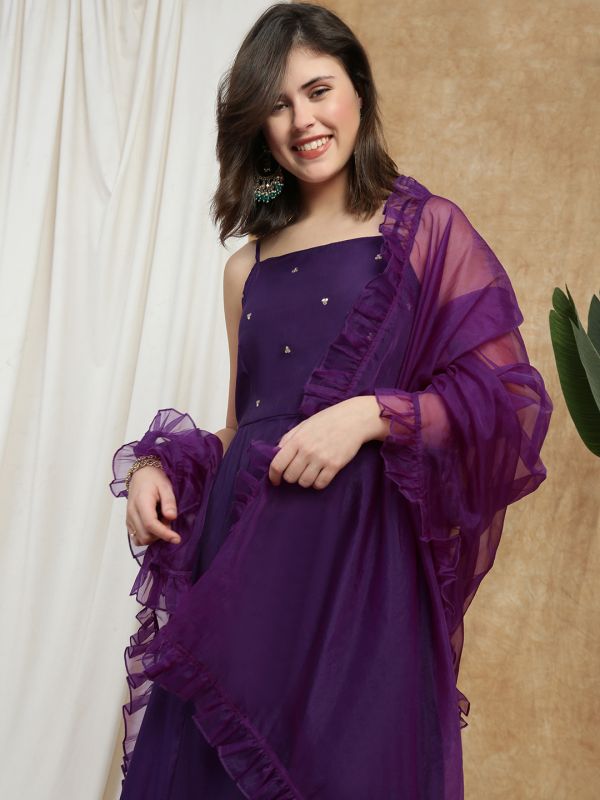 Globus Women Purple Square Neck Strappy Sleeves Sequin Detail Gotta Lace Hem A-Line Kurta With Palazzos & Frill Dupatta Festive Set