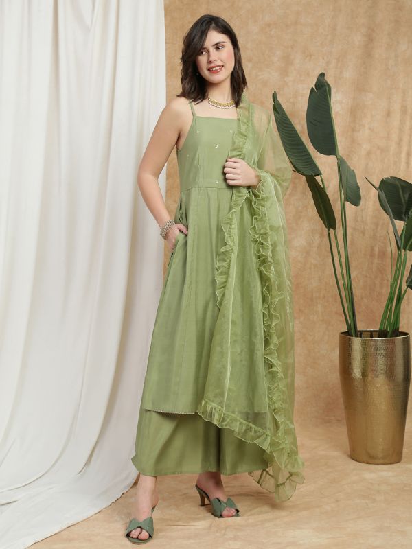 Globus Women Green Square Neck Strappy Sleeves Sequin Detail Gotta Lace Hem A-Line Kurta With Palazzos & Frill Dupatta Festive Set