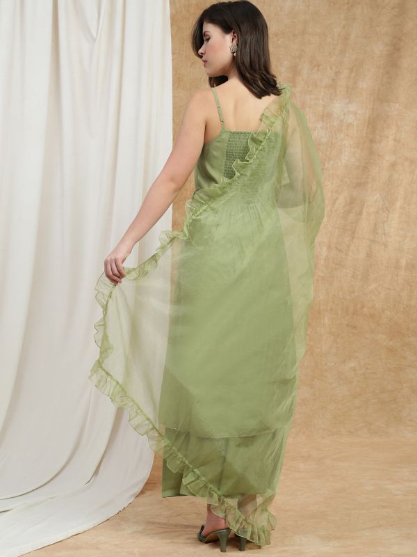 Globus Women Green Square Neck Strappy Sleeves Sequin Detail Gotta Lace Hem A-Line Kurta With Palazzos & Frill Dupatta Festive Set