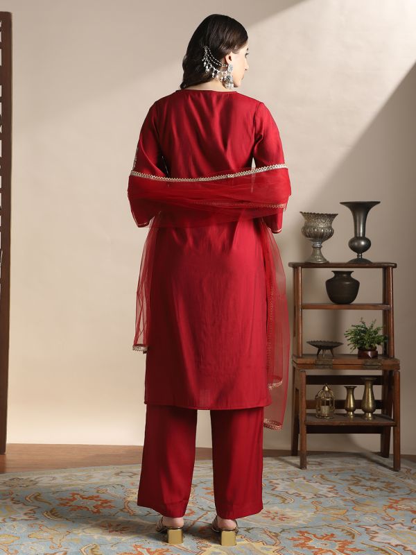 Globus Women Maroon Sequinned & Floral Zari Embroidered Yoke Bell Sleeves Straight Kurta With Pants & Tapping Dupatta Festive Set