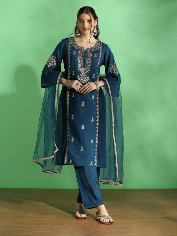 Globus Women Teal Embroidered Yoke Zari Work Bell Sleeves Straight Kurta With Pant & Dupatta Festive Set