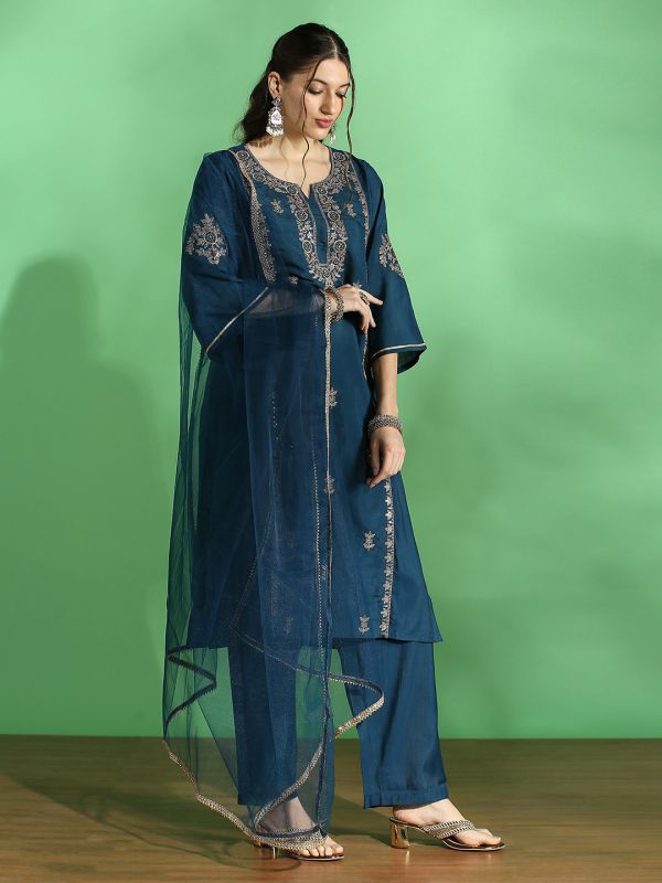 Globus Women Teal Embroidered Yoke Zari Work Bell Sleeves Straight Kurta With Pant & Dupatta Festive Set