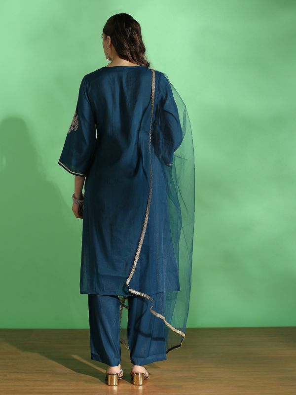 Globus Women Teal Embroidered Yoke Zari Work Bell Sleeves Straight Kurta With Pant & Dupatta Festive Set