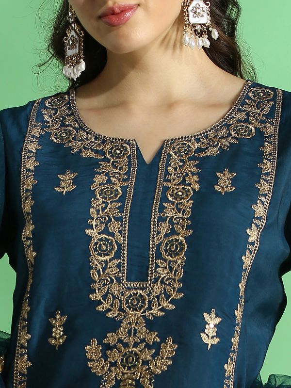 Globus Women Teal Embroidered Yoke Zari Work Bell Sleeves Straight Kurta With Pant & Dupatta Festive Set