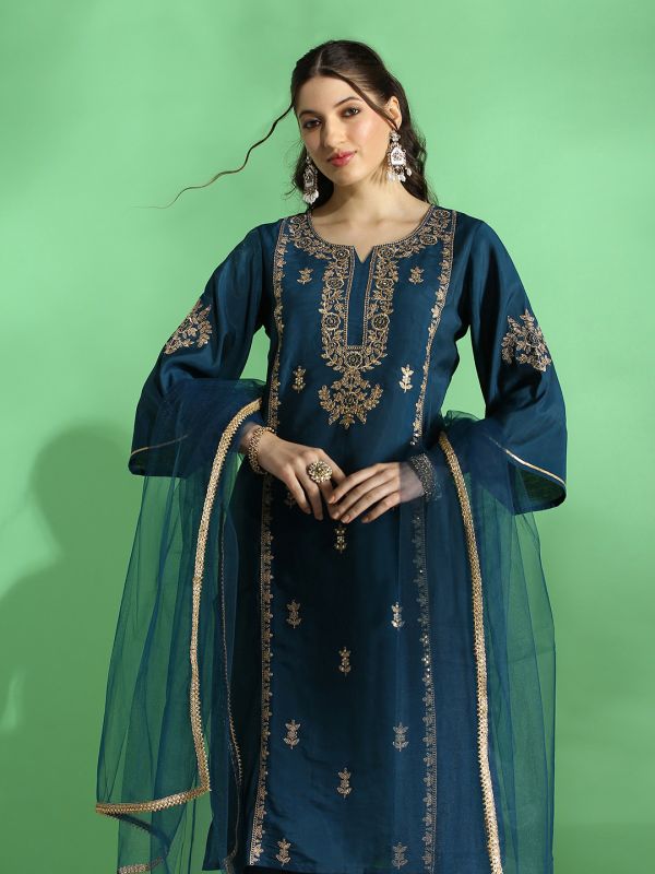 Globus Women Teal Embroidered Yoke Zari Work Bell Sleeves Straight Kurta With Pant & Dupatta Festive Set