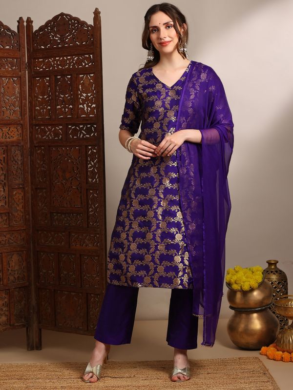 Globus Women Purple V-Neck Short Sleeves Floral Woven Design Straight Kurta With Pants & Taping Dupatta Festive Set