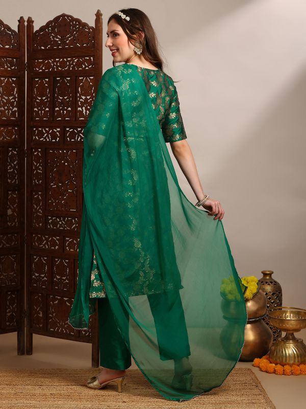 Globus Women Green V-Neck Short Sleeves Floral Woven Design Straight Kurta With Pants & Taping Dupatta Festive Set