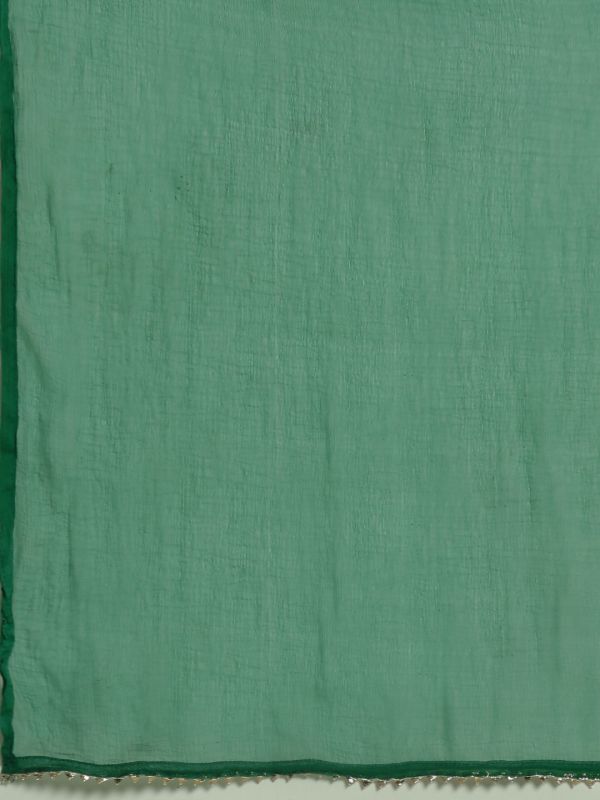 Globus Women Green V-Neck Short Sleeves Floral Woven Design Straight Kurta With Pants & Taping Dupatta Festive Set